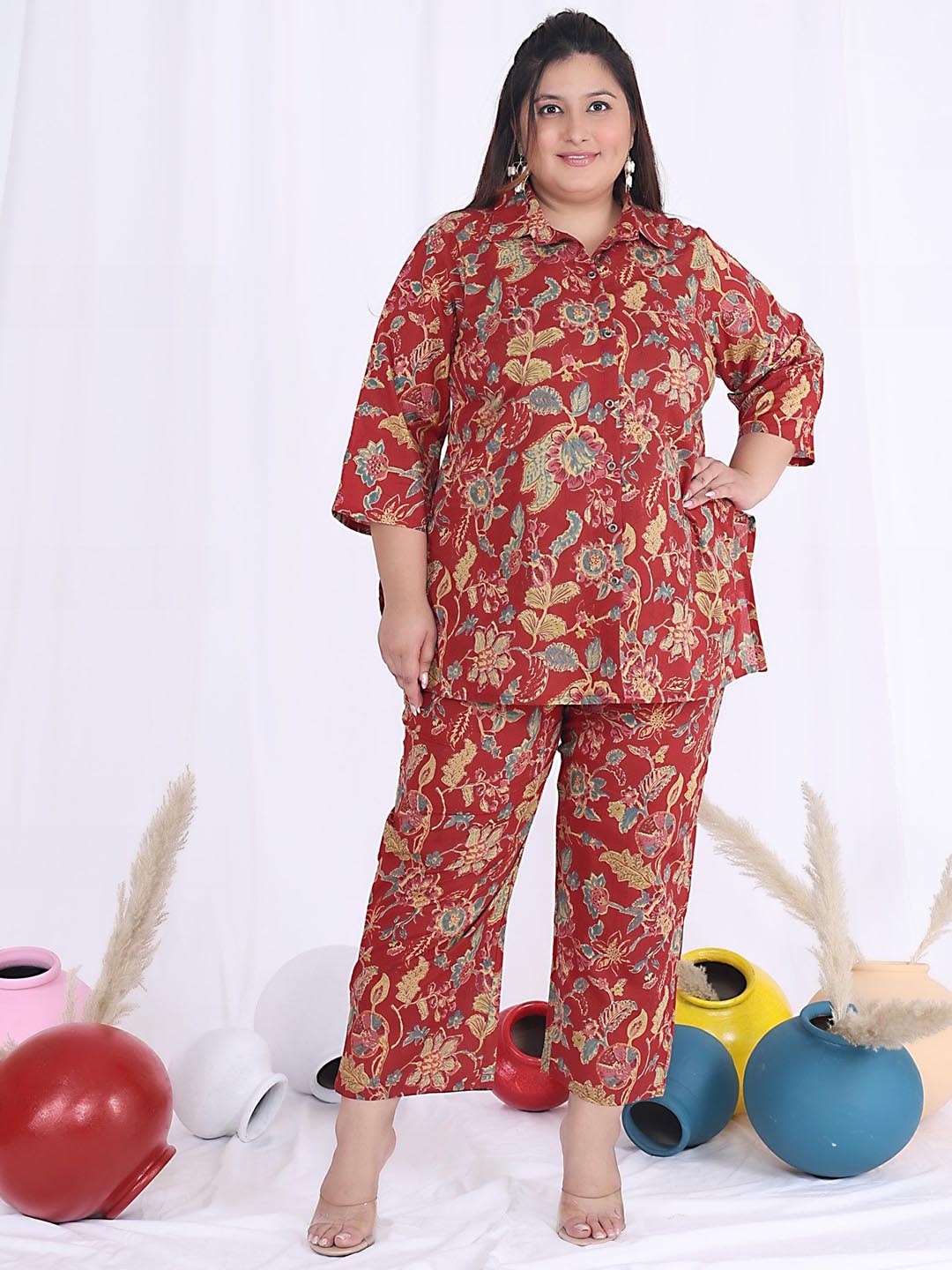 

Swasti Plus Size Floral Printed Shirt With Trousers, Red