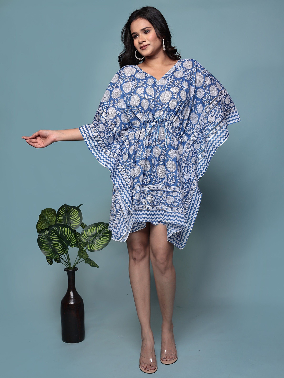 

Bohekant Women Floral Printed Cotton Kimono Sleeve Kaftan Dress, Blue