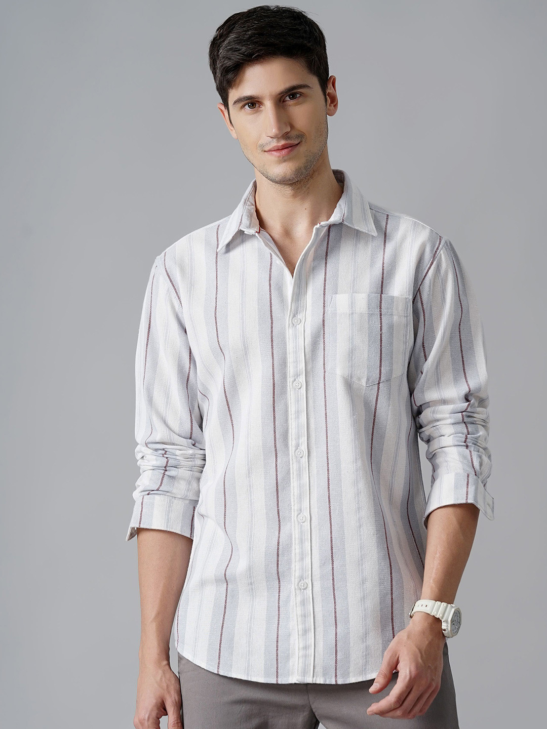 

British Club Men Cotton Classic Opaque Striped Casual Shirt, White
