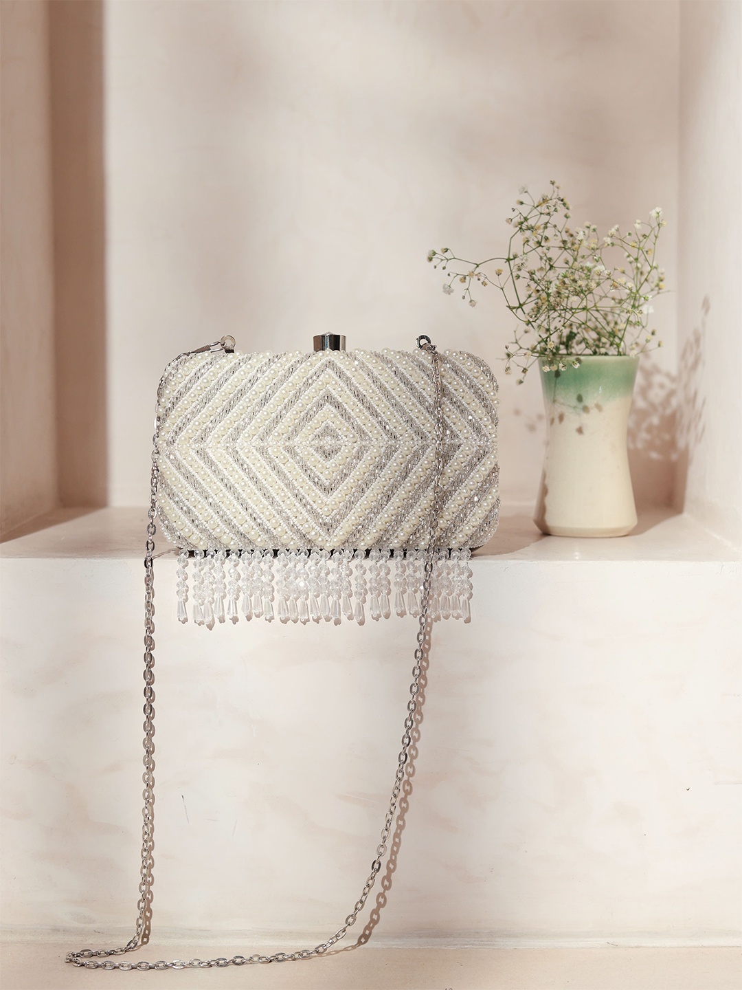 

THE TAN CLAN Embroidered Tasselled Box Clutch, Silver