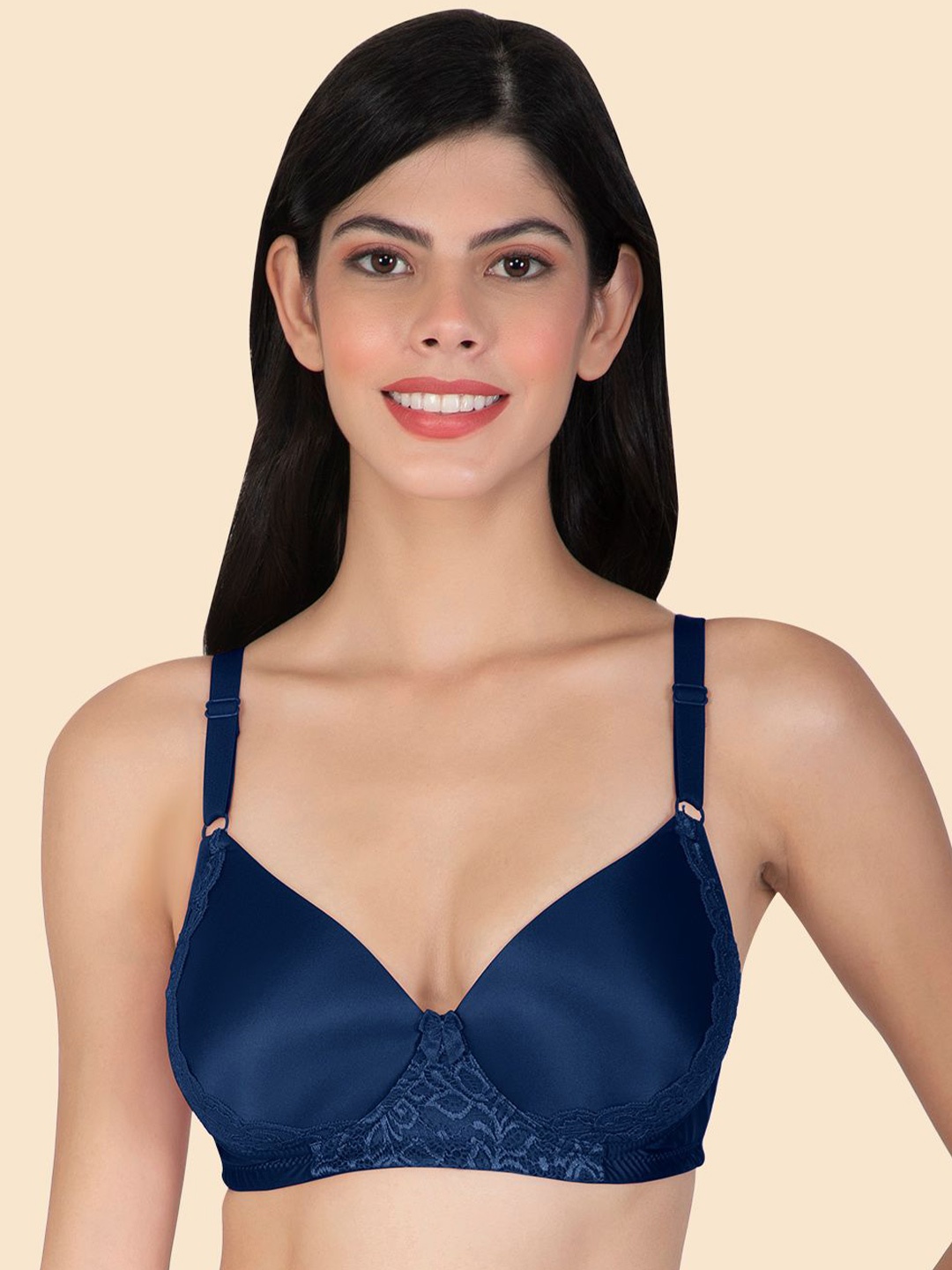 

Joomie Women's Lightly Padded Bridal Lace Bra:- Floral Nylon Lace, Full Coverage,Pack of 1, Navy blue