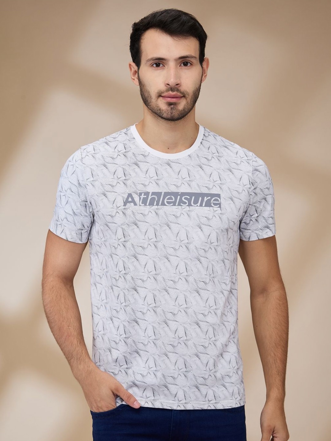 

Park Avenue Men Abstract Printed Round Neck Cotton Slim Fit T-shirt, White