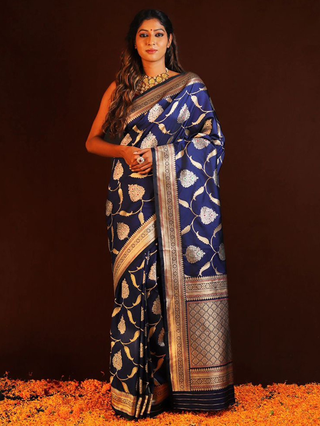 

QENY Woven Design Zari Traditional Banarasi Saree, Blue