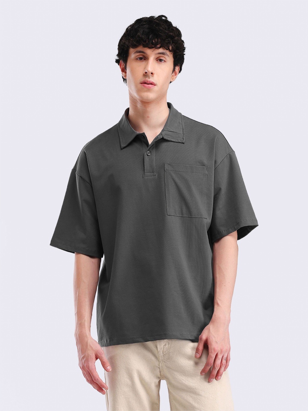 

Flying Machine Men Solid Polo Collar Cotton Oversized T-shirt, Grey