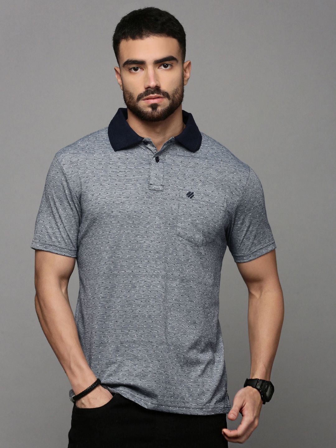 

ONN Men Abstract Printed Polo Collar Cotton T-shirt, Navy blue