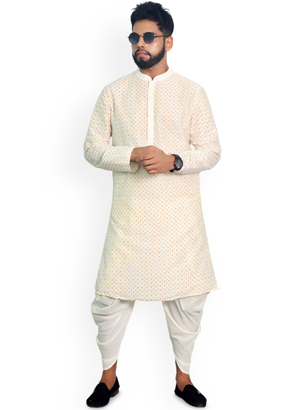 

House of Aqss Geometric Printed Mandarin Collar Straight Kurta, Off white