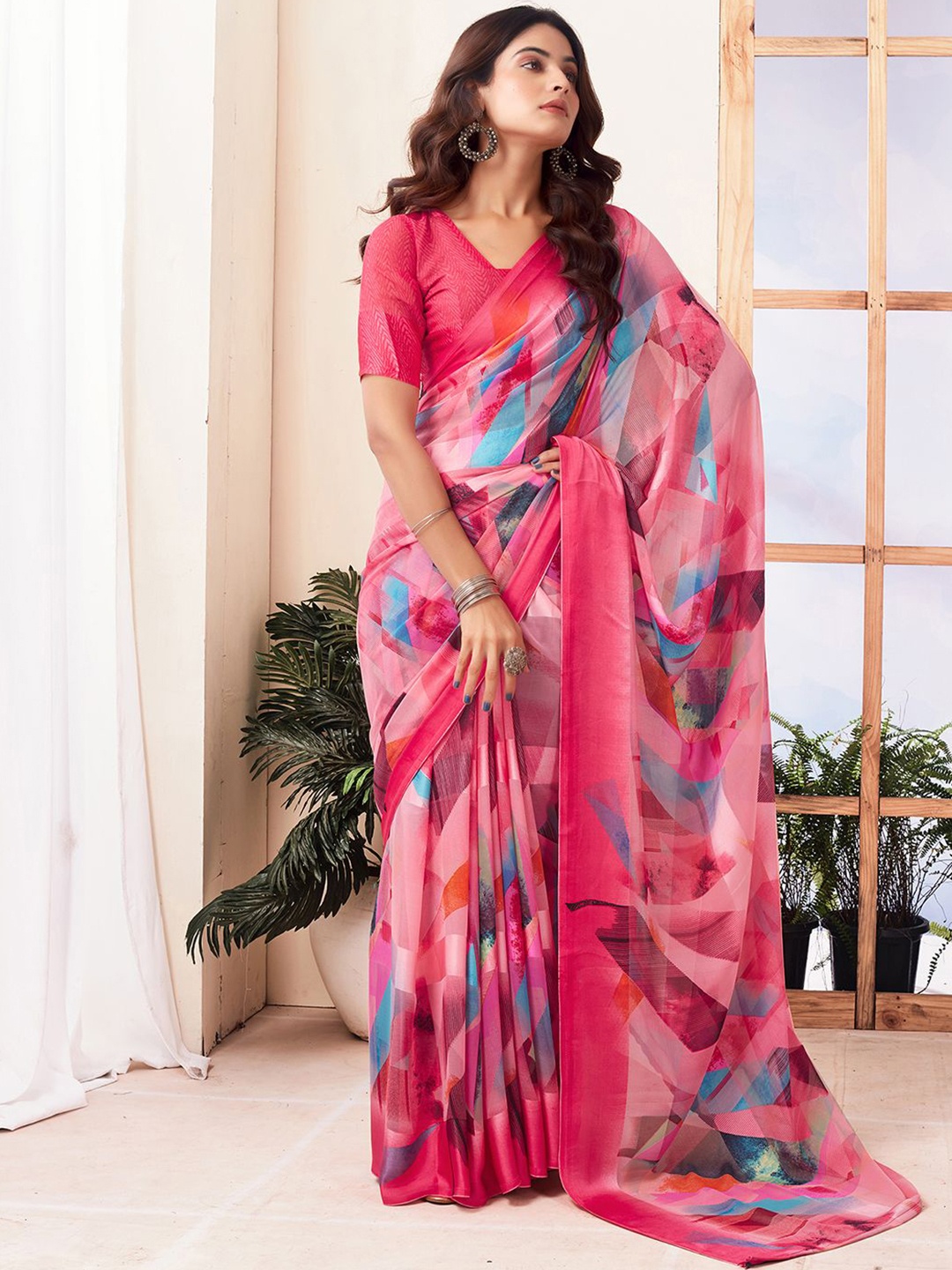 

KALINI Abstract Printed Pure Georgette Muga Daily Wear Saree, Pink