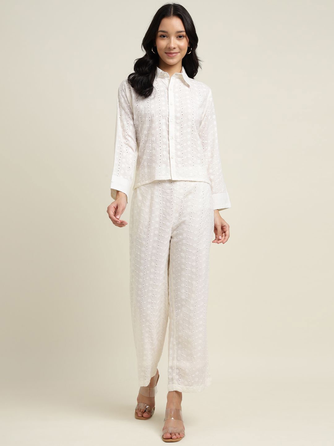 

ZARI Floral Embroidered Schiflli Shirt With Trousers, White