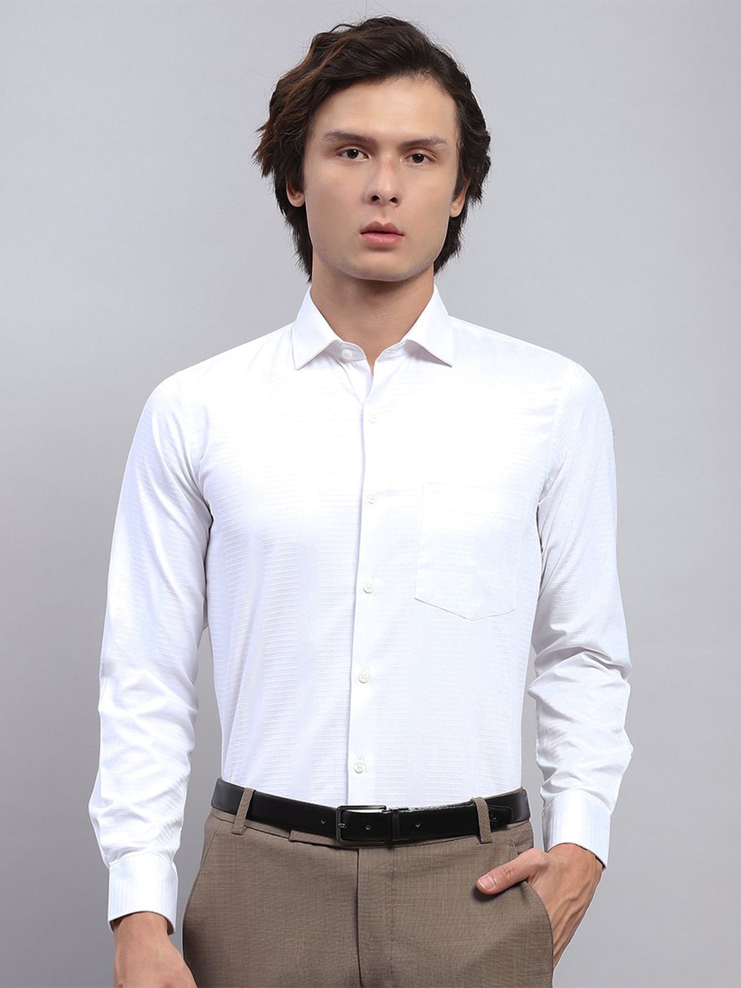 

Monte Carlo Men Spread Collar Textured Cotton Formal Shirt, White