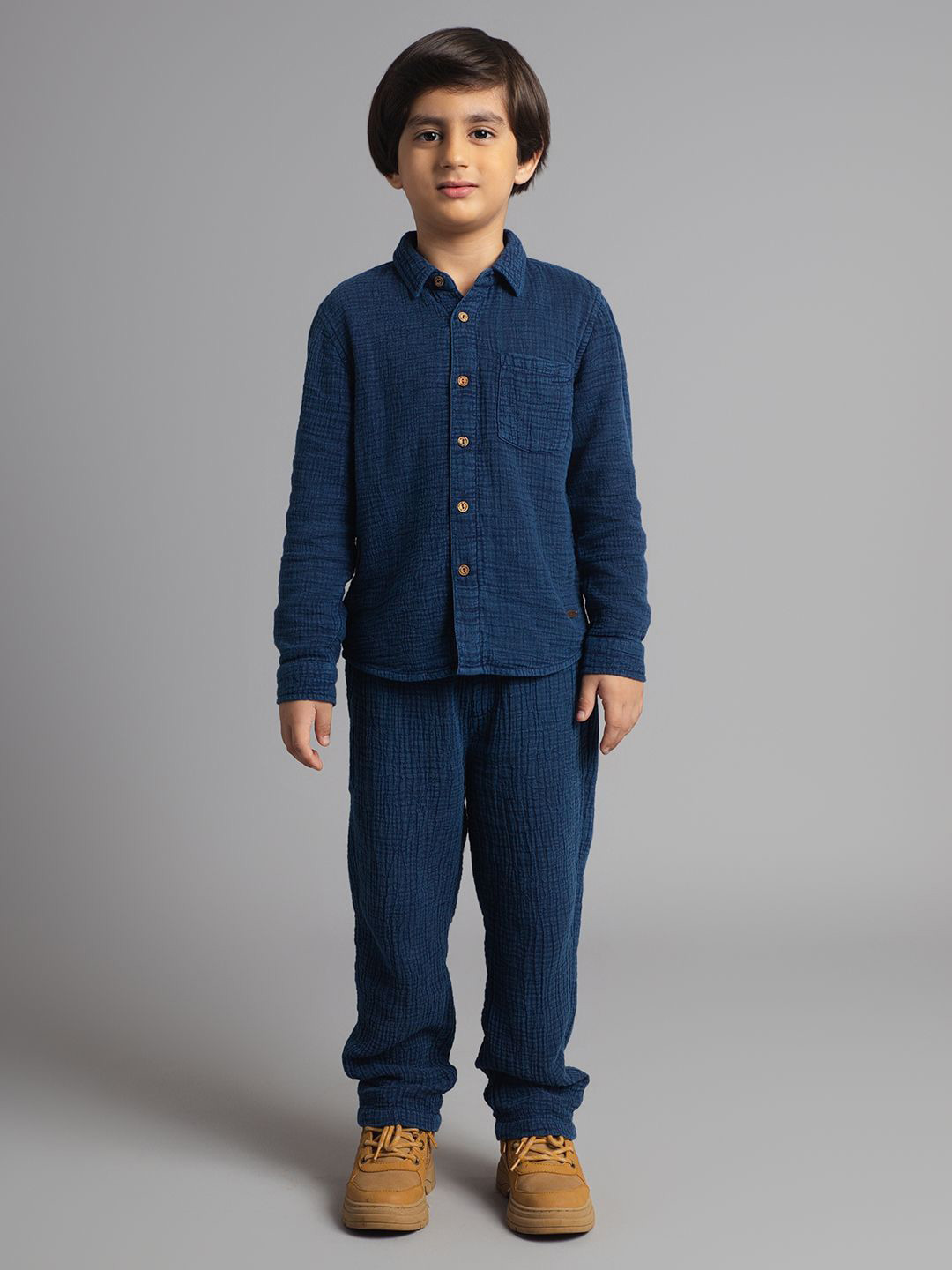 

Ed-a-Mamma Boys Shirt Collar Neck Long Sleeves Pure Cotton Shirt With Trousers, Navy blue