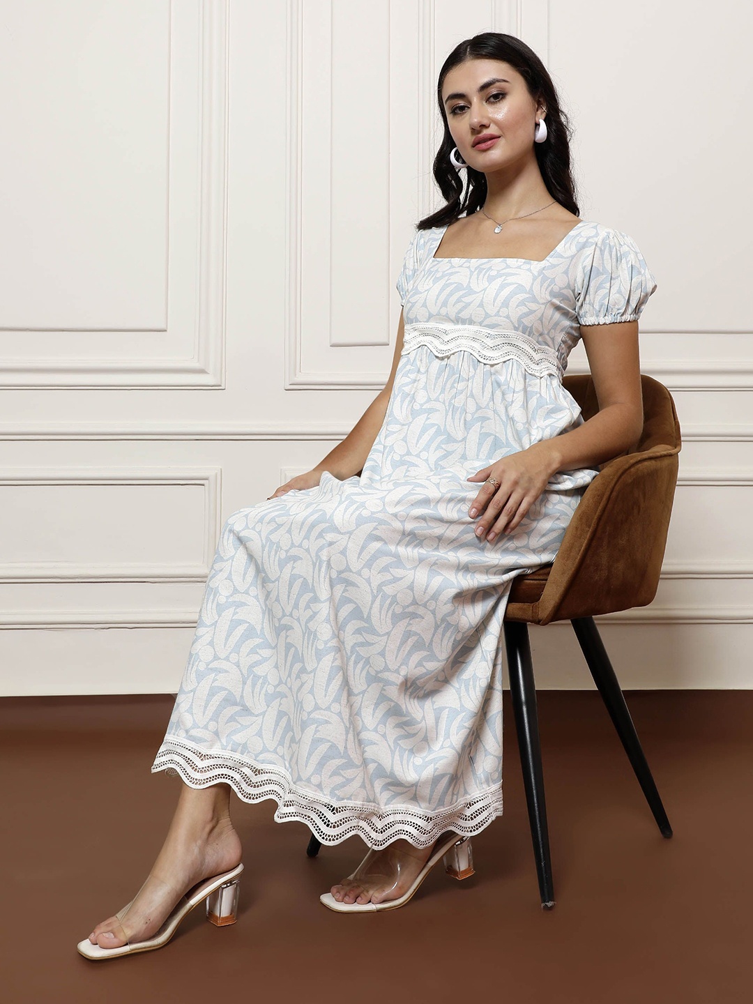 

Athena Women's Floral Print Puff Sleeve Linen A-Line Midi Dress, Blue