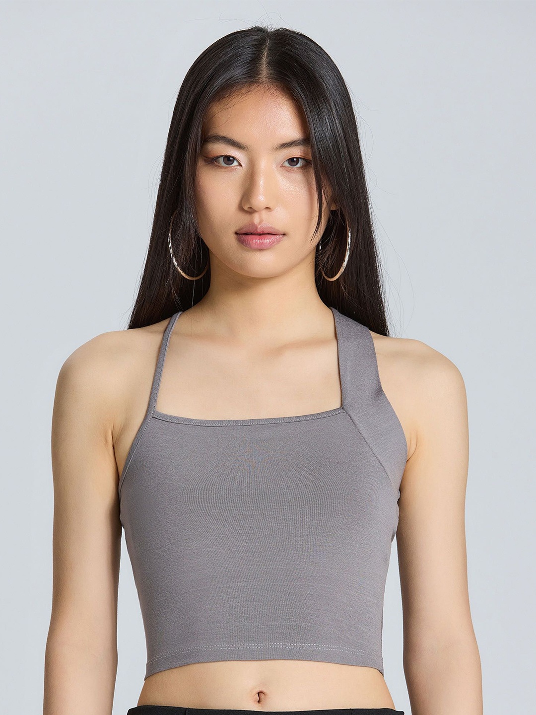 

ZOMODA Women Solid Shoulder Straps Top, Grey
