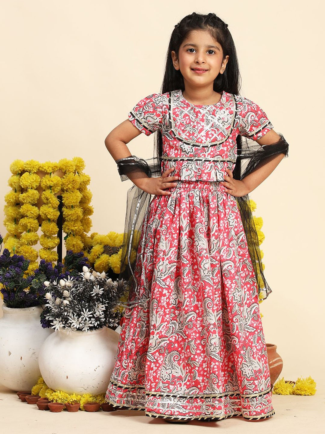 

Cutiekins Girls Printed Ready to Wear Cotton Lehenga & Blouse With Dupatta, Coral