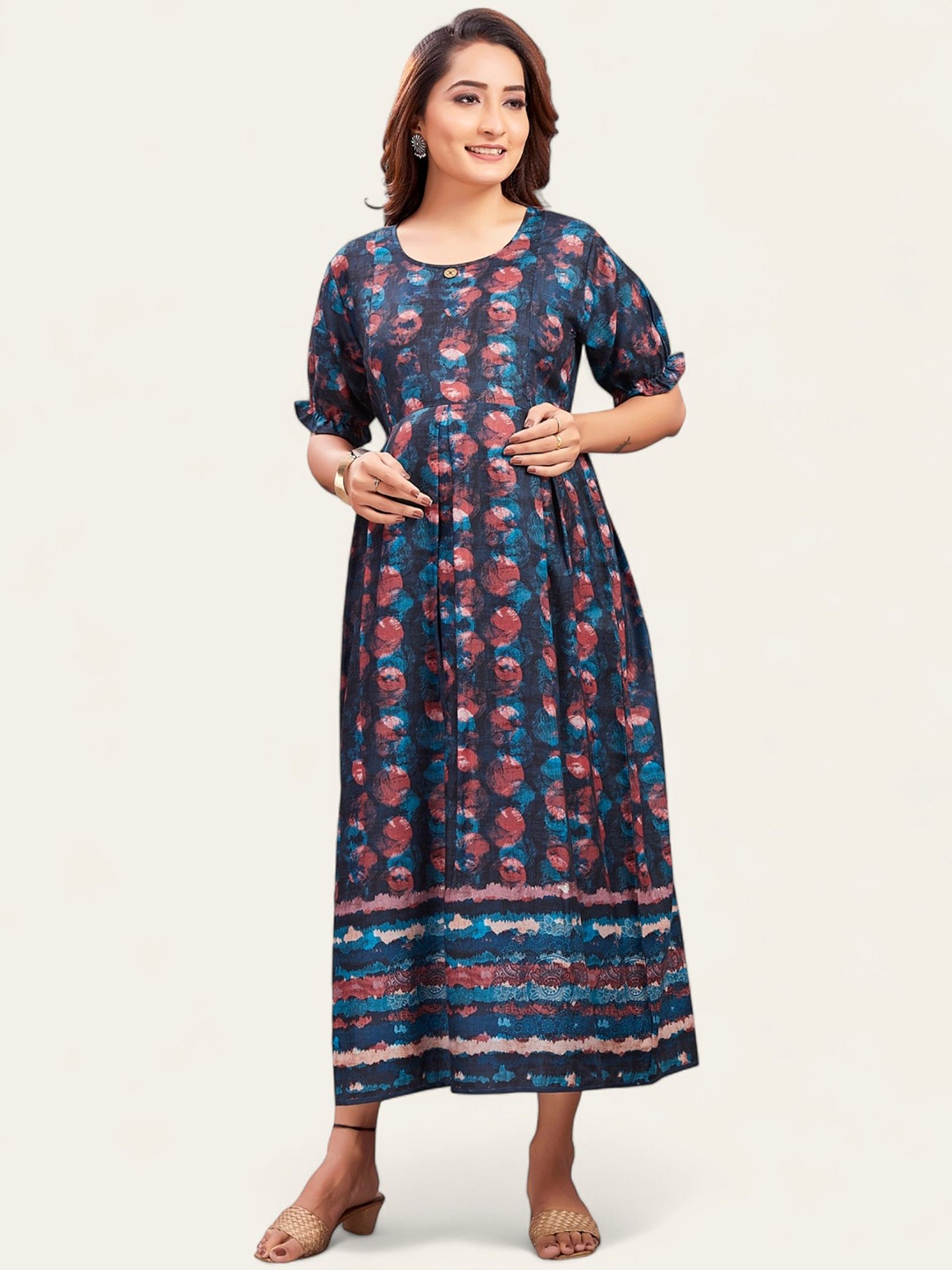 

RITIJYA Floral Print Maternity Fit & Flare Maxi Dress, Navy blue