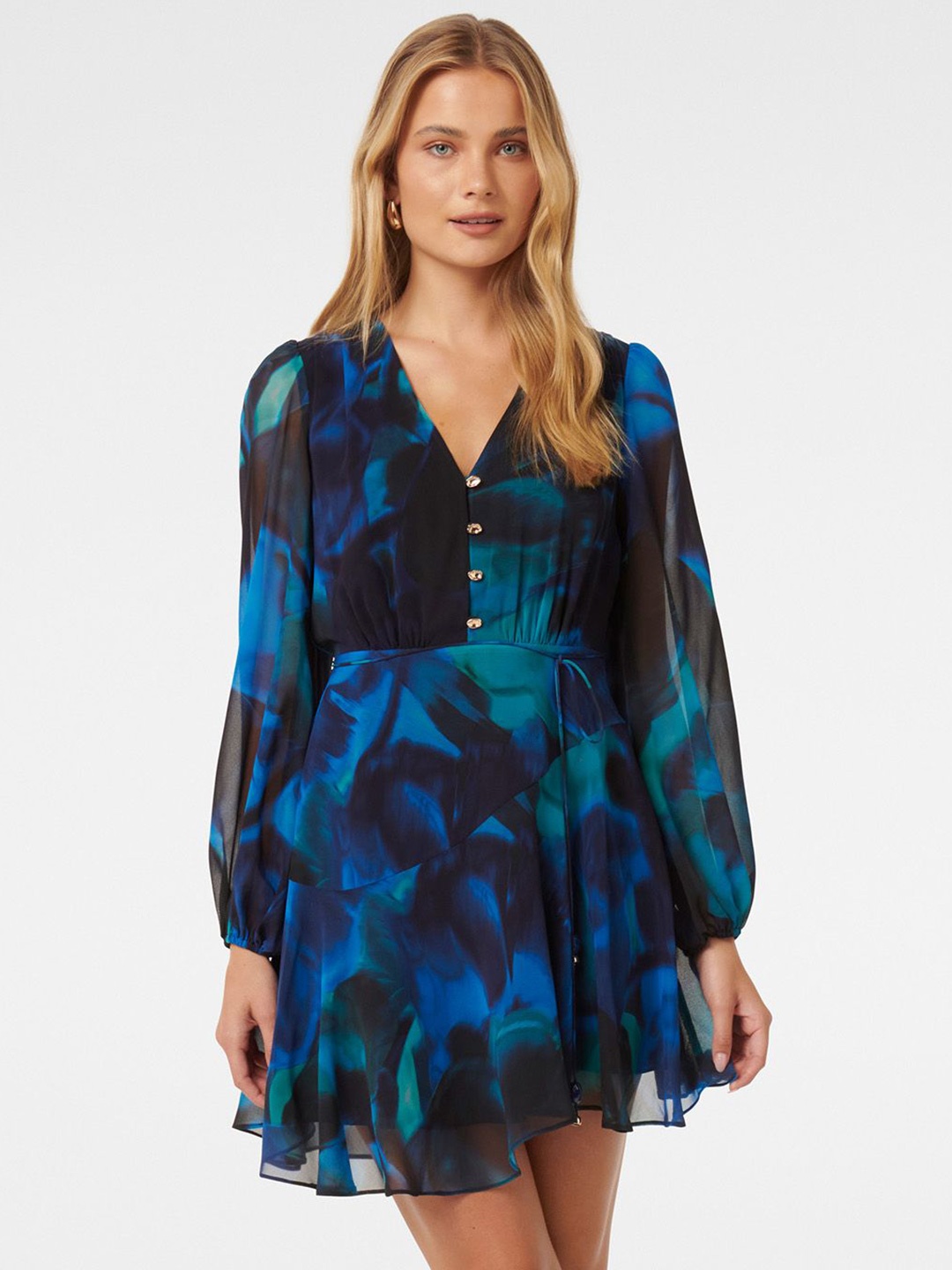 

Forever New Women Abstract Printed Fit & Flare Mini Dress, Blue