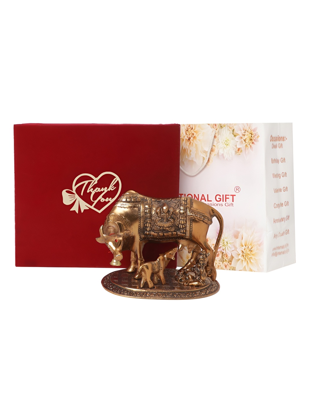 

INTERNATIONAL GIFT Copper-Toned Kamdhenu Cow Statue with Thank You Tag & Velvet Box