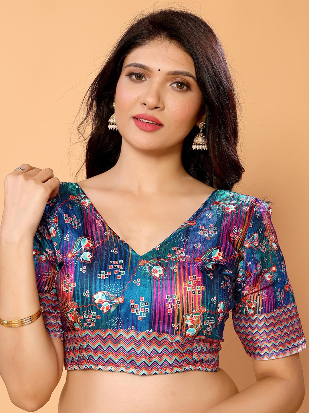 

ALAGINI Printed Non-Padded Saree Blouse, Teal