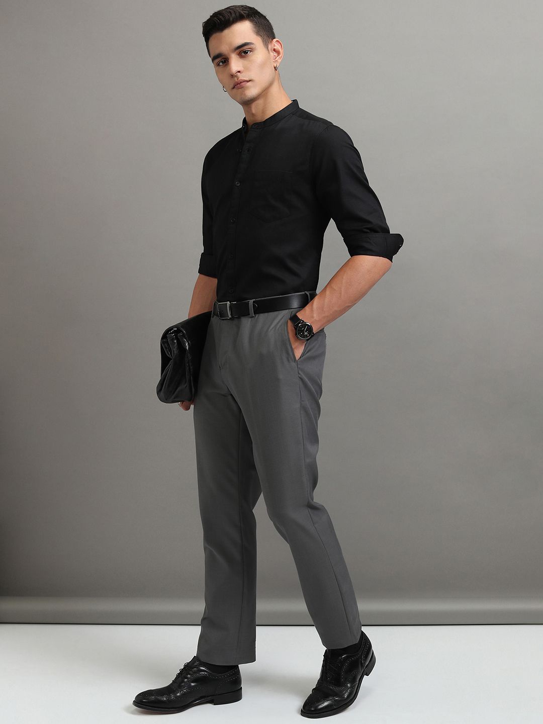 

Highlander Men Jacquard Textured Solid Mandarin Collar Casual Shirt, Black