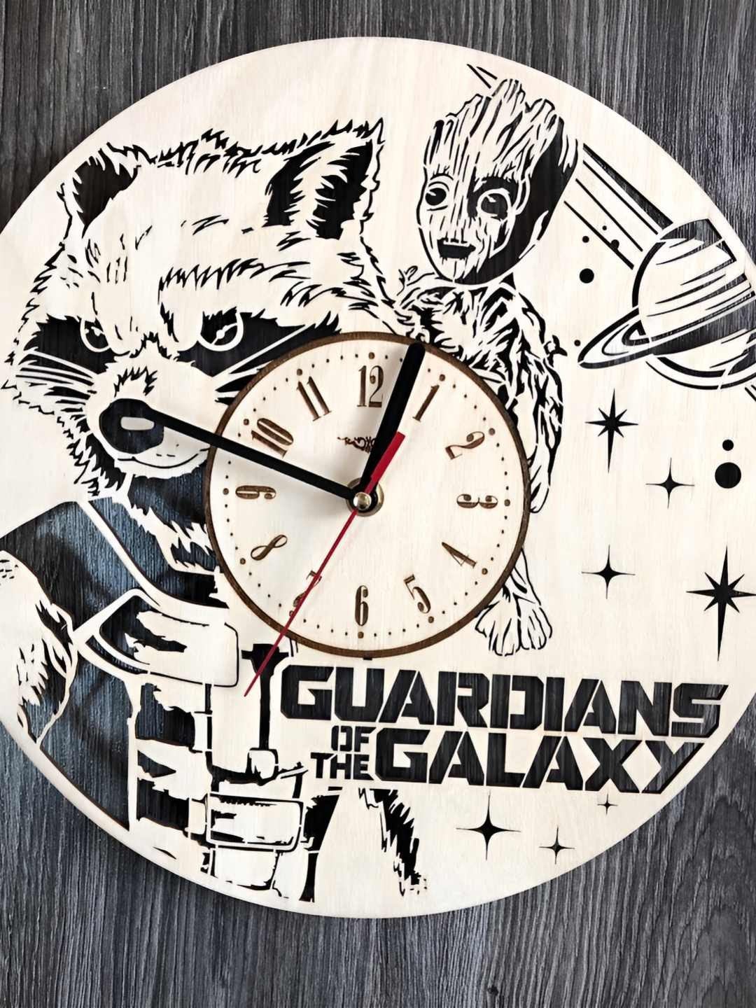 

QEZNEF Beige & Black Guardians of the Galaxy Printed Contemporary Round Wooden Wall Clock