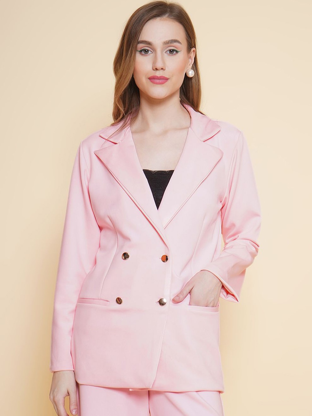 

KATLINE Double-Breasted Notched Lapel Casual Blazer, Pink