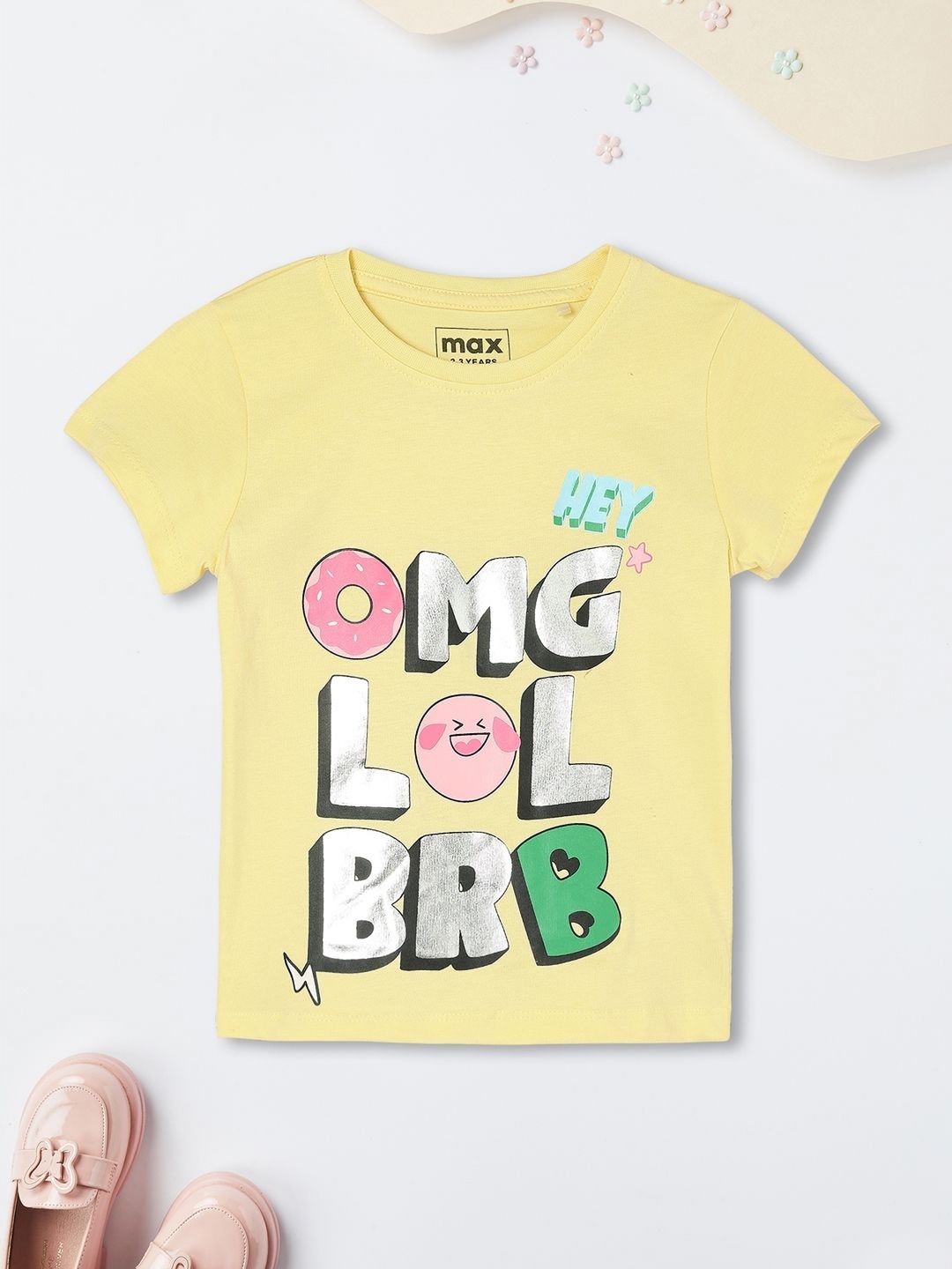 

max Girls Typography Printed Round Neck Cotton T-shirt, Yellow