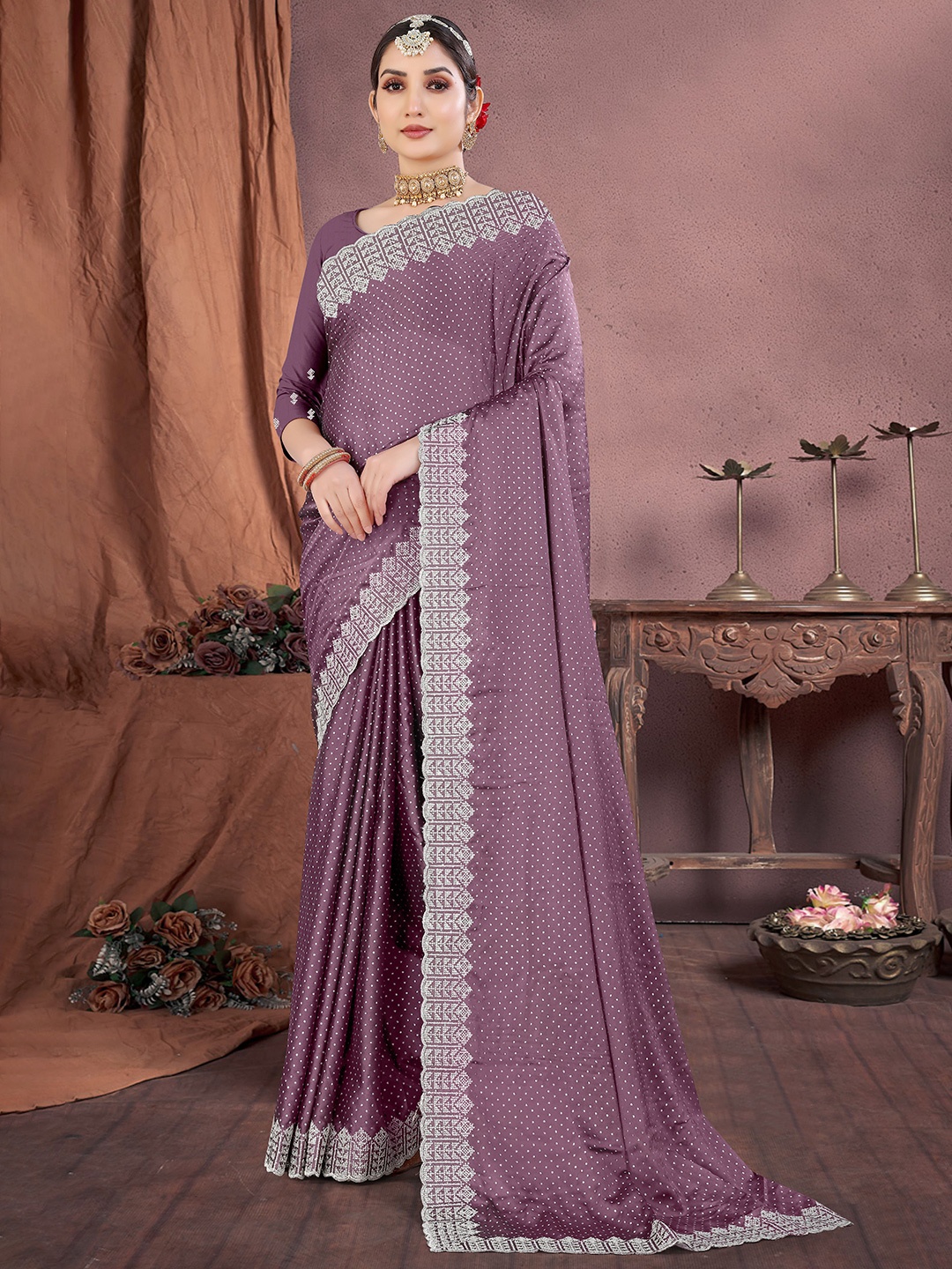 

Sanwariya Silk Embellished Beads and Stones Maheshwari Saree, Violet