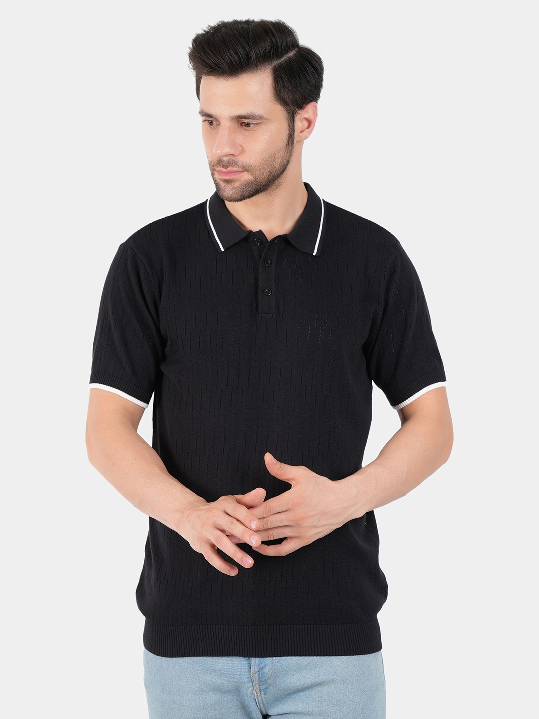 

BOTABOCHI Men Solid Polo Collar Cotton T-shirt, Black