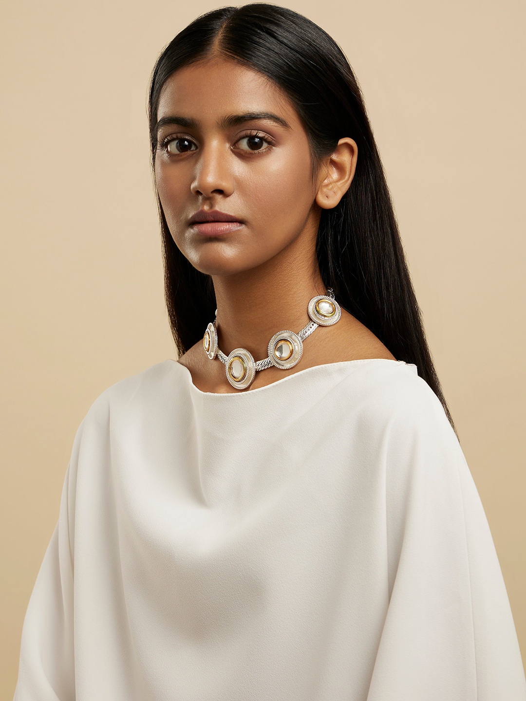 

VALLIYAN BY NITYA Rhodium-Plated Stones Studded Necklace, Silver