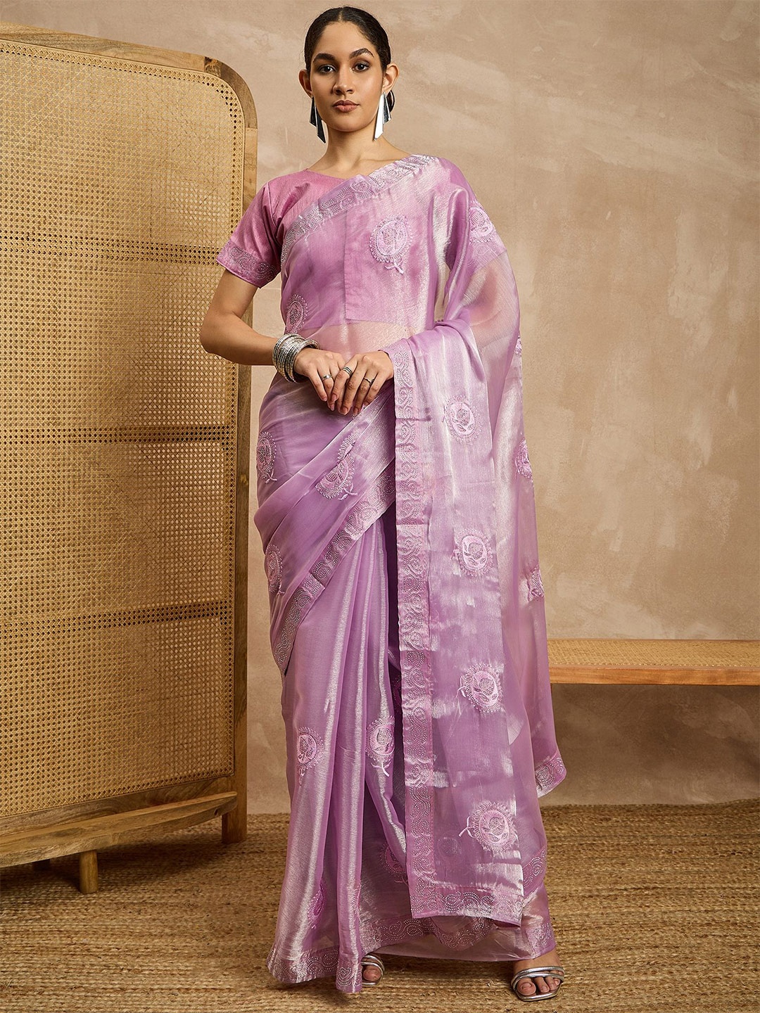 

all about you Embellished Embroidered Pure Silk Saree, Pink