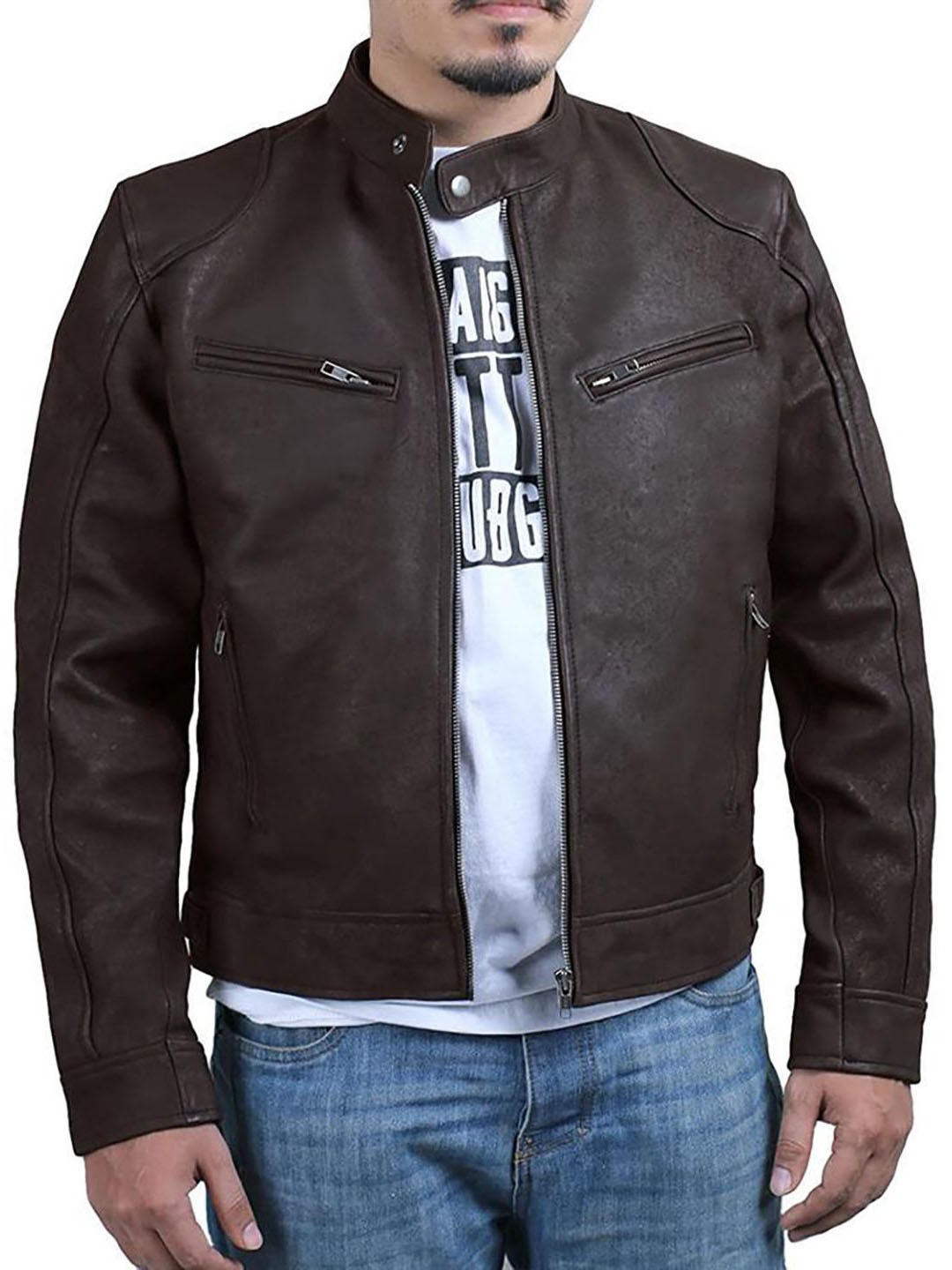 

StyleCast x Revolte Men Zip Detail Insulator Rapid-Dry Leather Jacket, Brown
