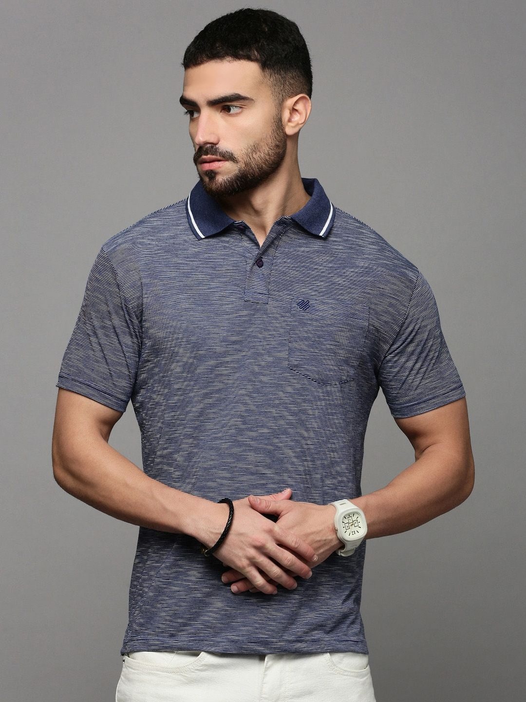 

ONN Men Abstract Printed Polo Collar Cotton T-shirt, Navy blue