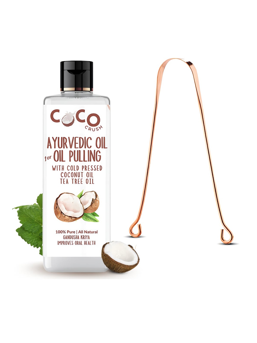 

Coco Crush Ayurvedic Coconut & Tea Tree Oil For Oil Pulling With Copper Teeth Cleaner-50ml, Transparent