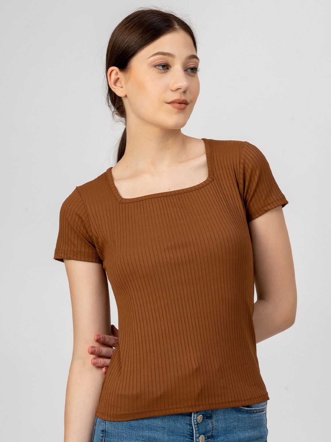 

Redamancii Women Vertical Striped Square Neck Polycotton Top, Coffee brown