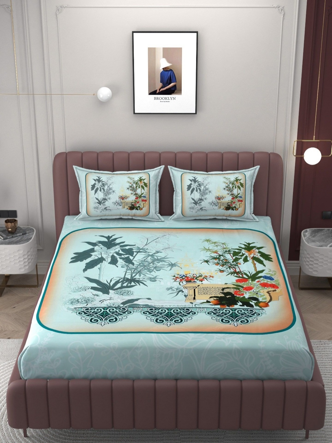 

BELVOSTUM Blue & Brown Ethnic Motifs Cotton 250 TC King Bedsheet with 2 Pillow Covers