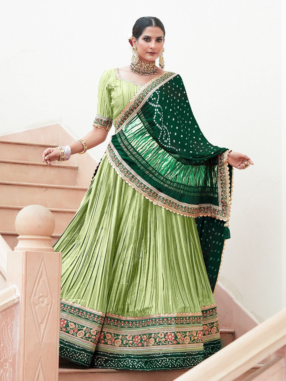 

SHRINGARINI Ready to Wear Lehenga & Unstitched Blouse With Dupatta, Olive