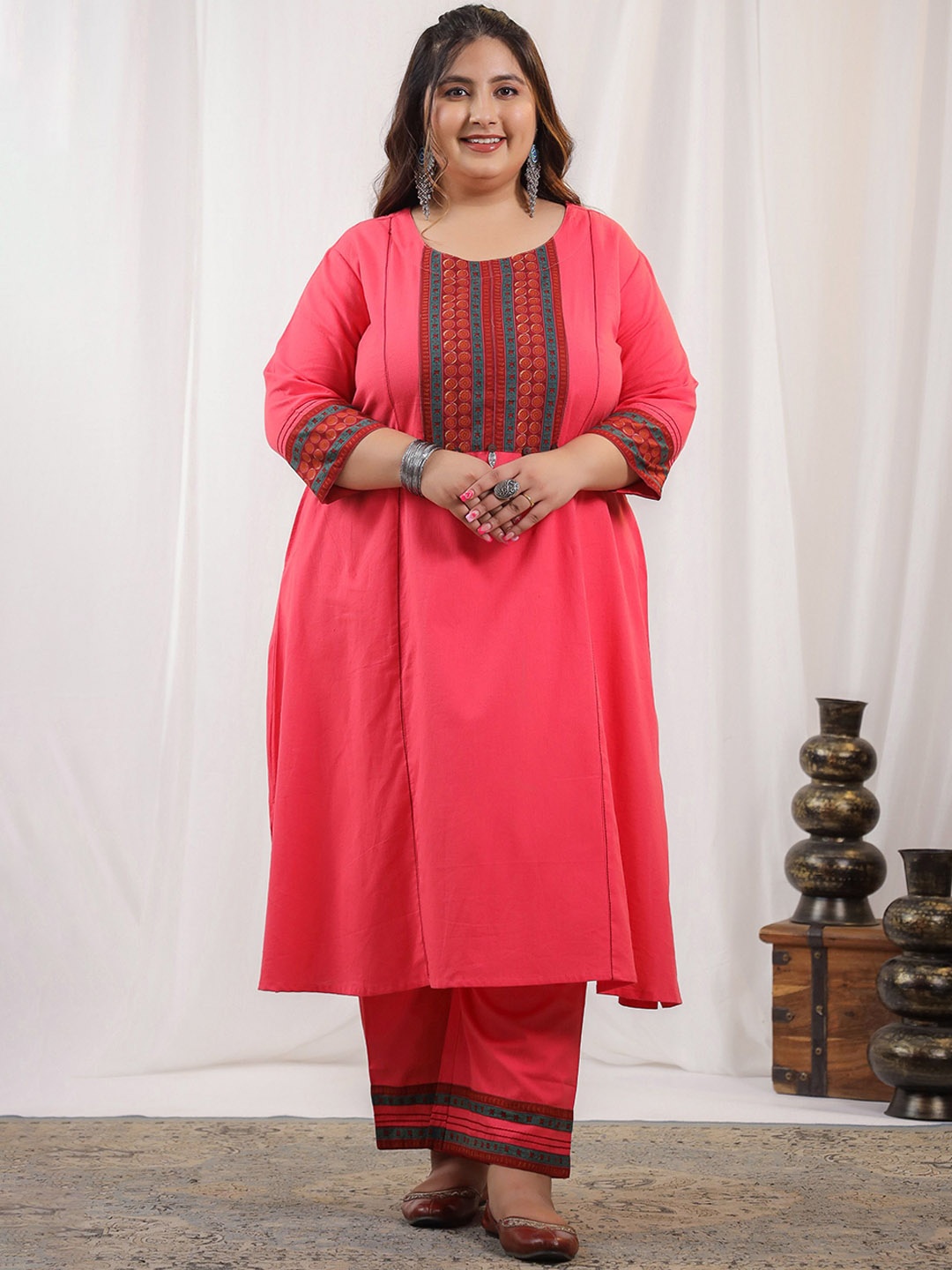 

LALI JAIPUR Plus Size Floral Yoke Design Pure Cotton A-Line Kurta with Trousers, Pink