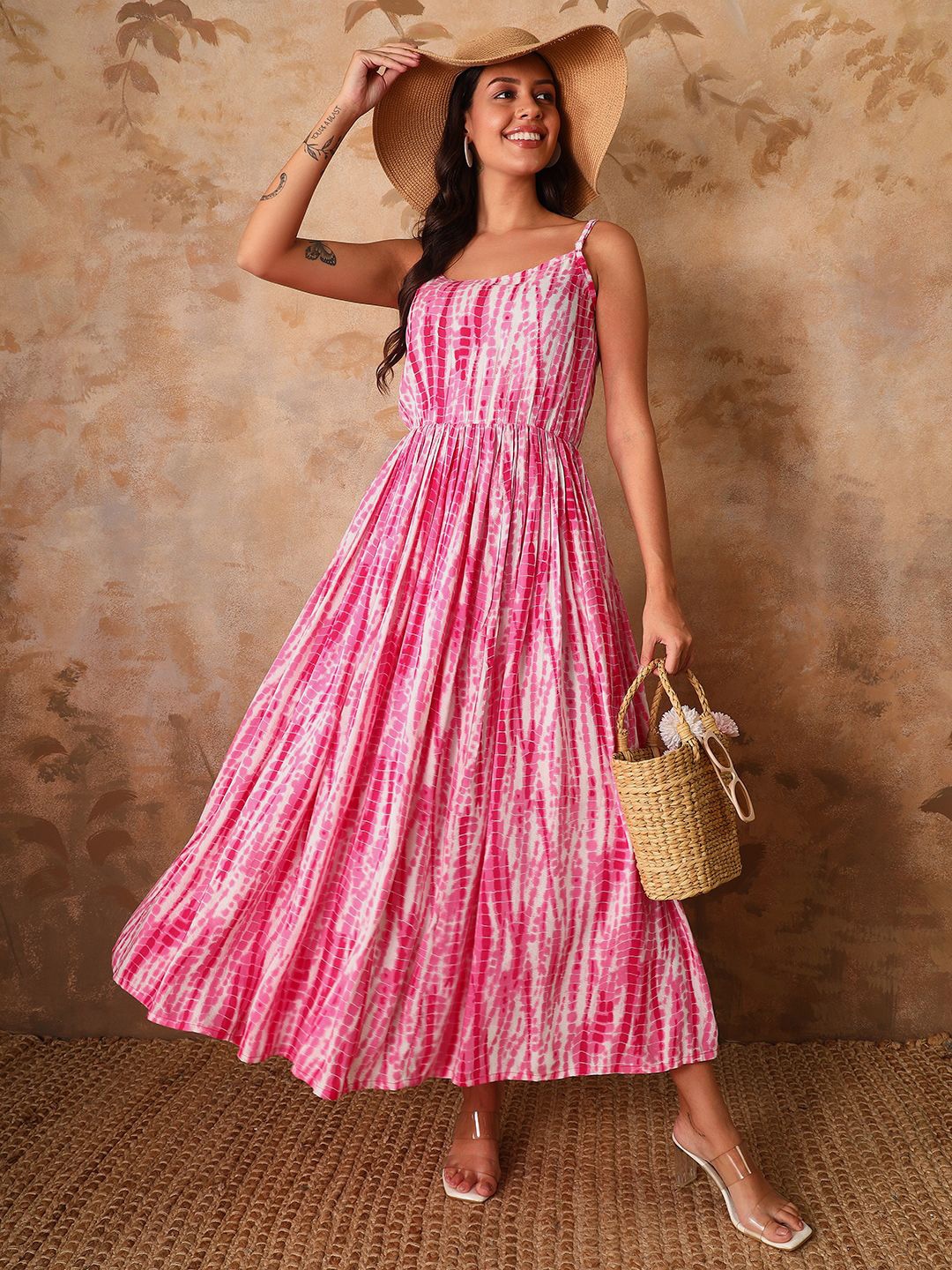 

Gujari Women Tie and Dye Print A-Line Midi Dress, Pink