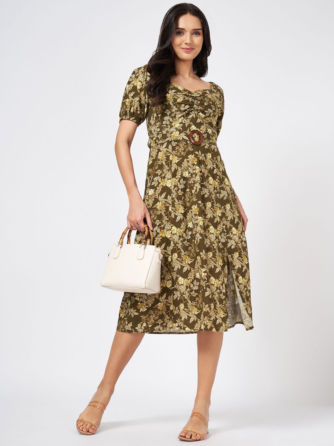 

Honey by Pantaloons Womens Floral Print Puff Sleeve Fit & Flare Midi Dress, Green