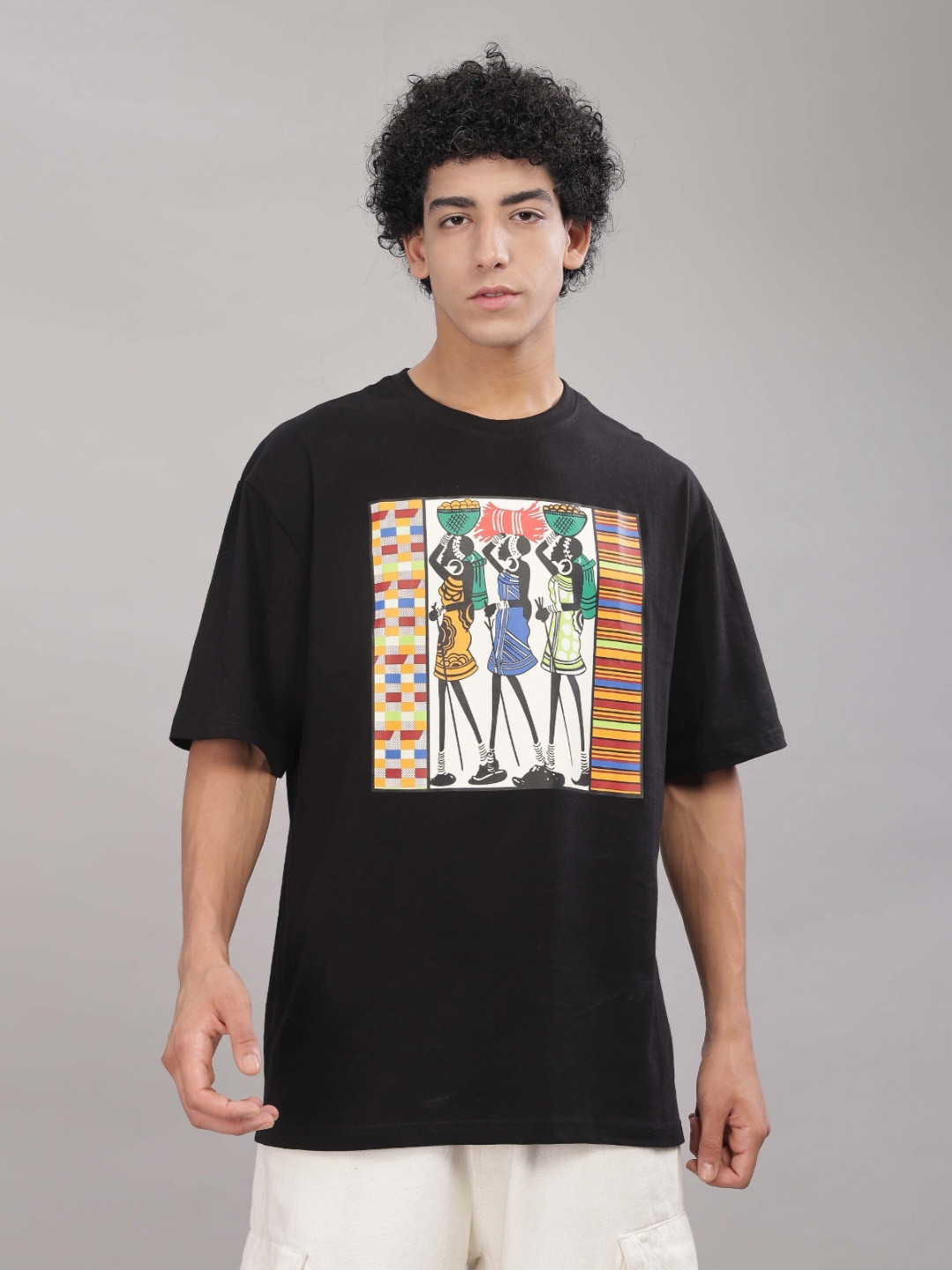 

TOMHIDDLE Men Graphic Printed Round Neck Cotton Oversized T-shirt, Black