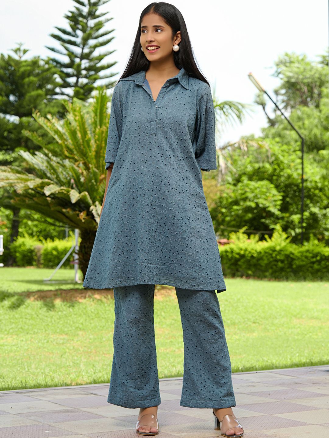 

HOUSE OF JAMOTI Self Design Schiffli Pure Cotton Tunic With Trousers, Grey