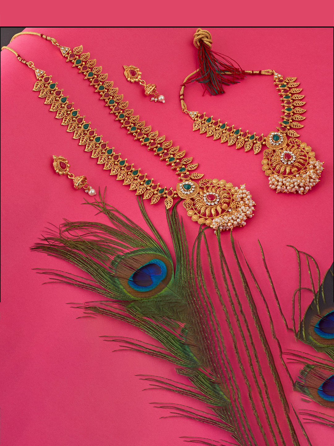 

GRLIE Set Of 2 Stones Studded & Beaded Necklace With Earrings, Gold