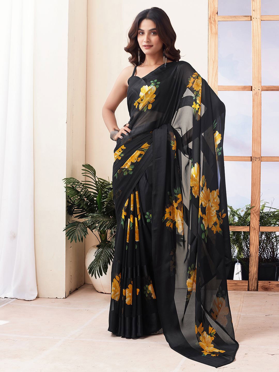 

KALINI Floral Printed Pure Georgette Ready to Wear Muga Saree, Black