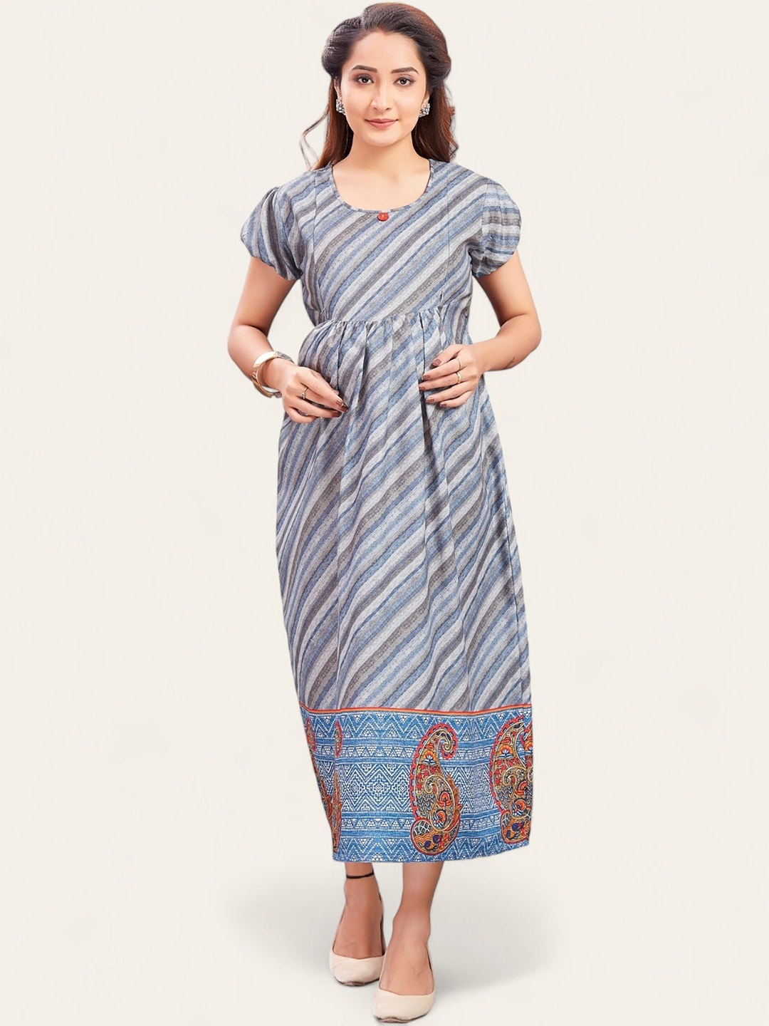 

RITIJYA Striped Printed Maternity Fit & Flare Maxi Dress, Grey