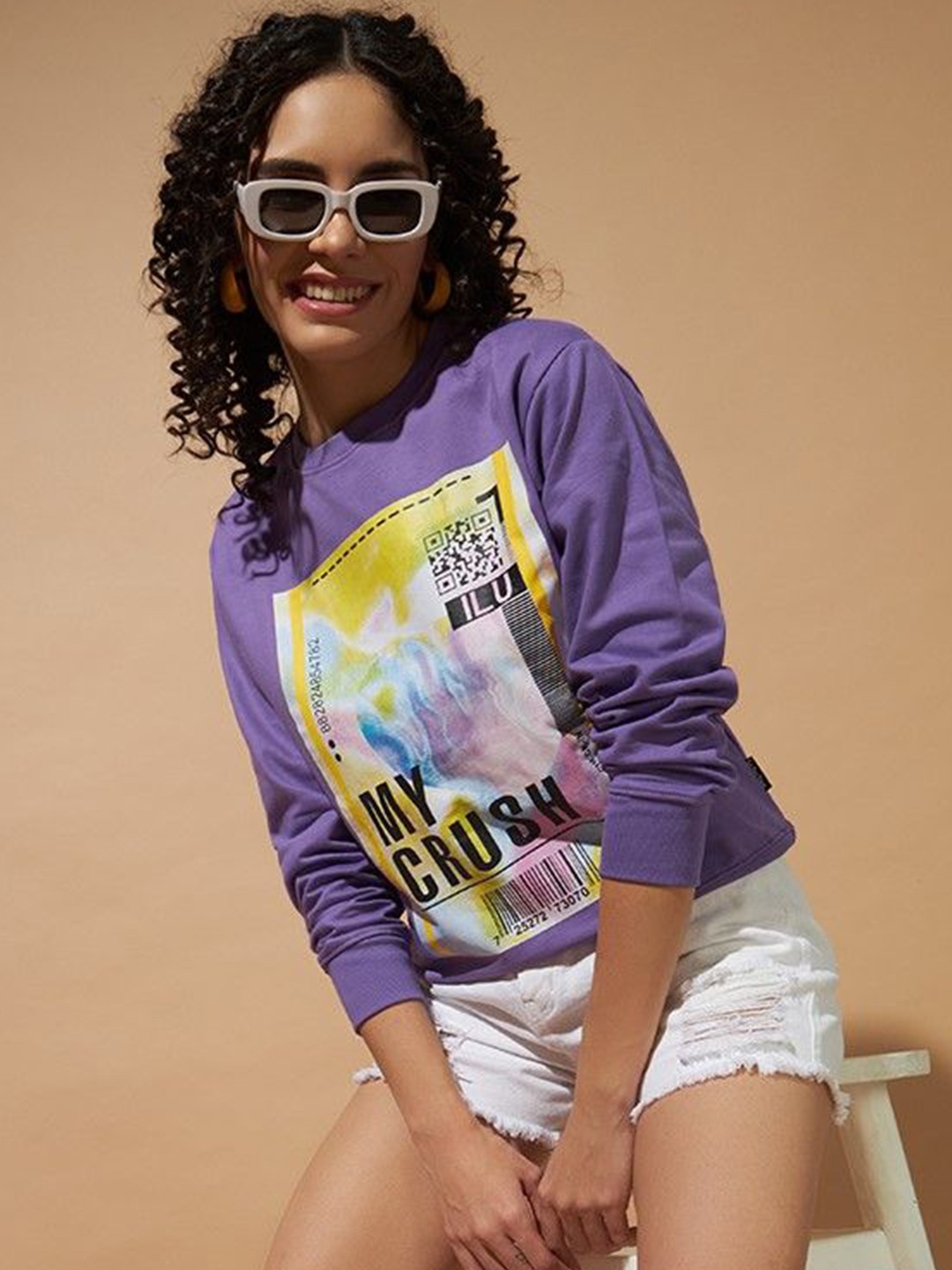 

The Dry State Women Graphic Printed Round Neck Cotton Pullover Sweatshirt, Lavender