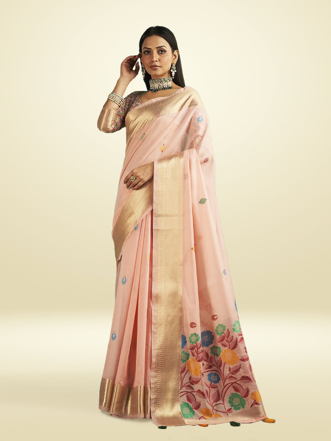 

SARHA Floral Woven Design Zari Pure Cotton Saree, Pink