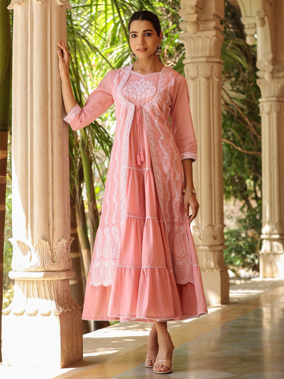 

Readiprint Ethnic Motif Embroidered Fit & Flare Maxi Dress With Shrug, Pink