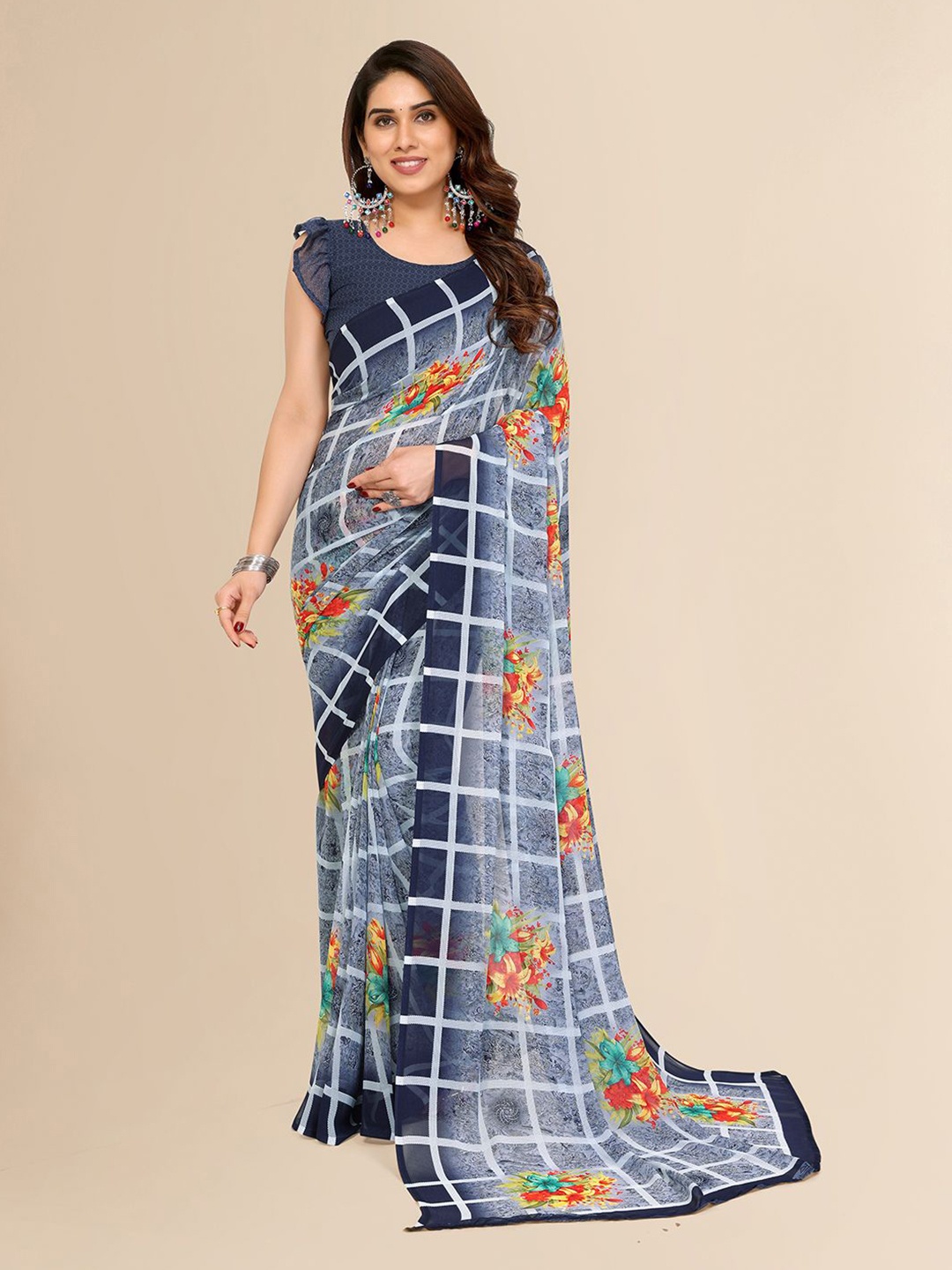 

ANAND SAREES Floral Printed Checked Saree, Grey