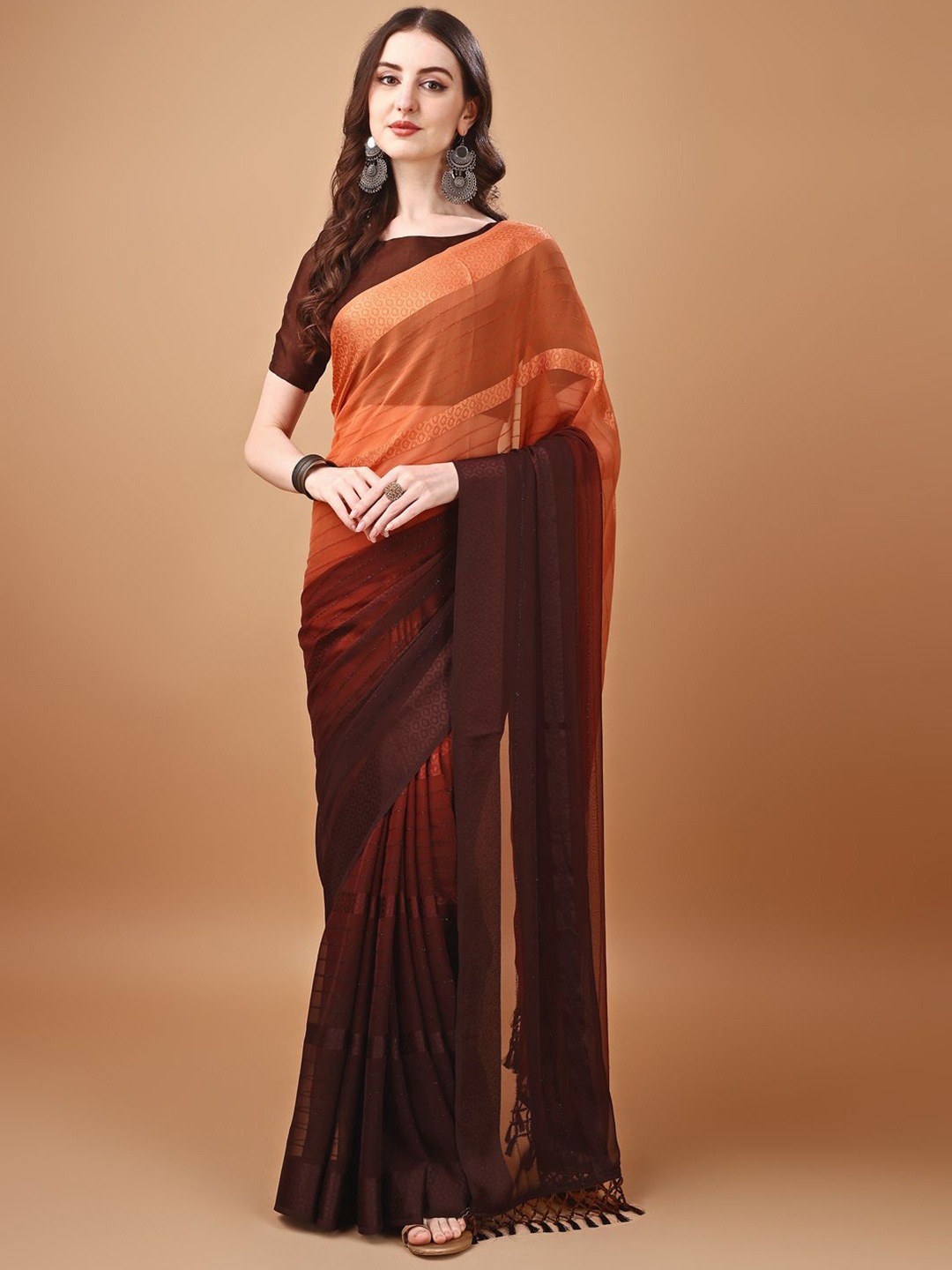 

KALINI Striped Ombre Embellished Saree, Orange