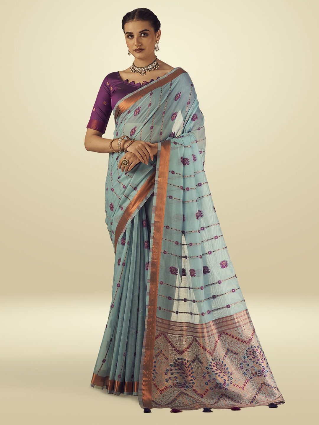 

SARHA Ethnic Motif Woven Design Zari Pure Cotton Saree, Blue