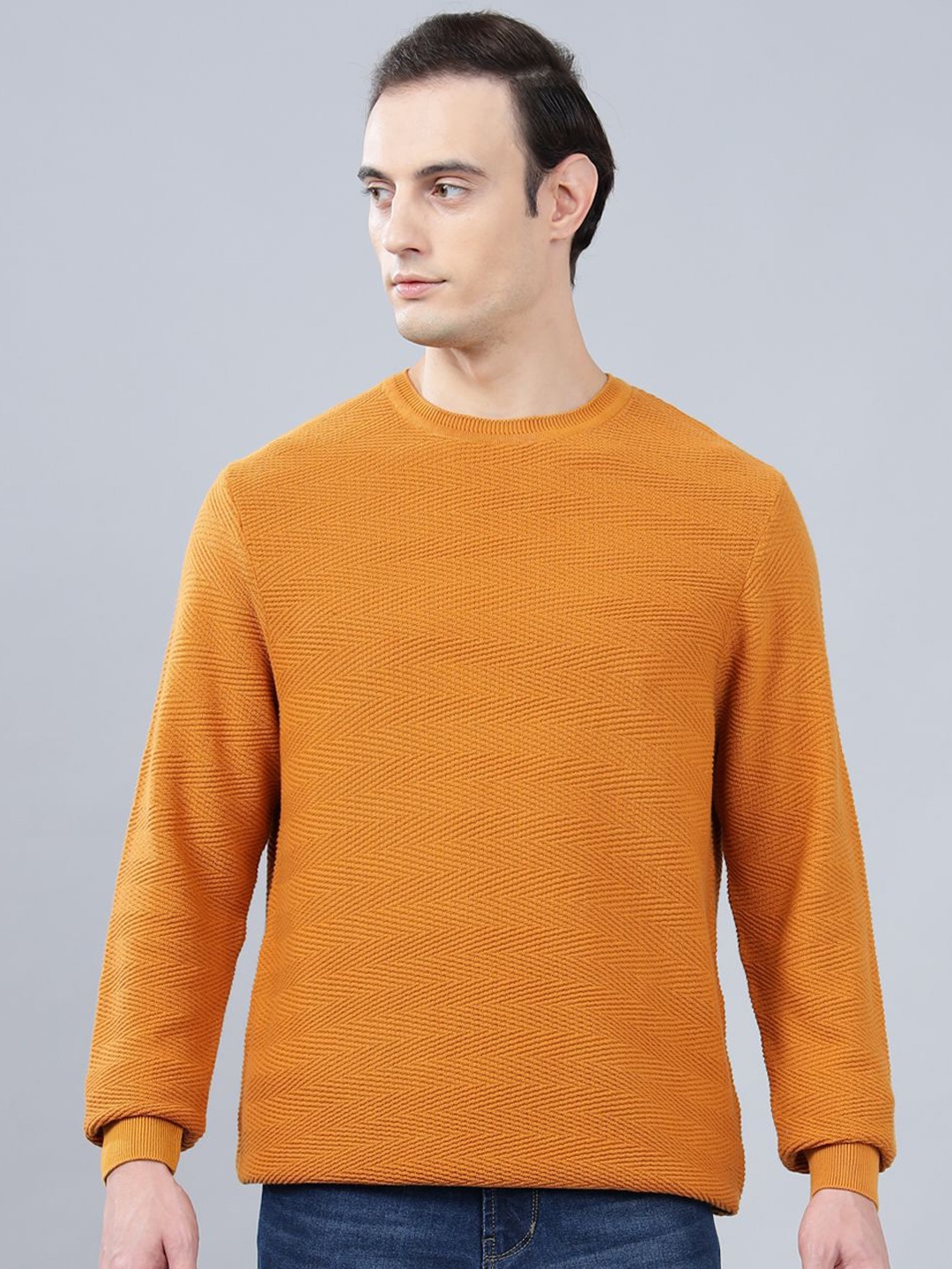 

Cantabil Men Self Design Full Sleeve Sweater Pullover, Mustard